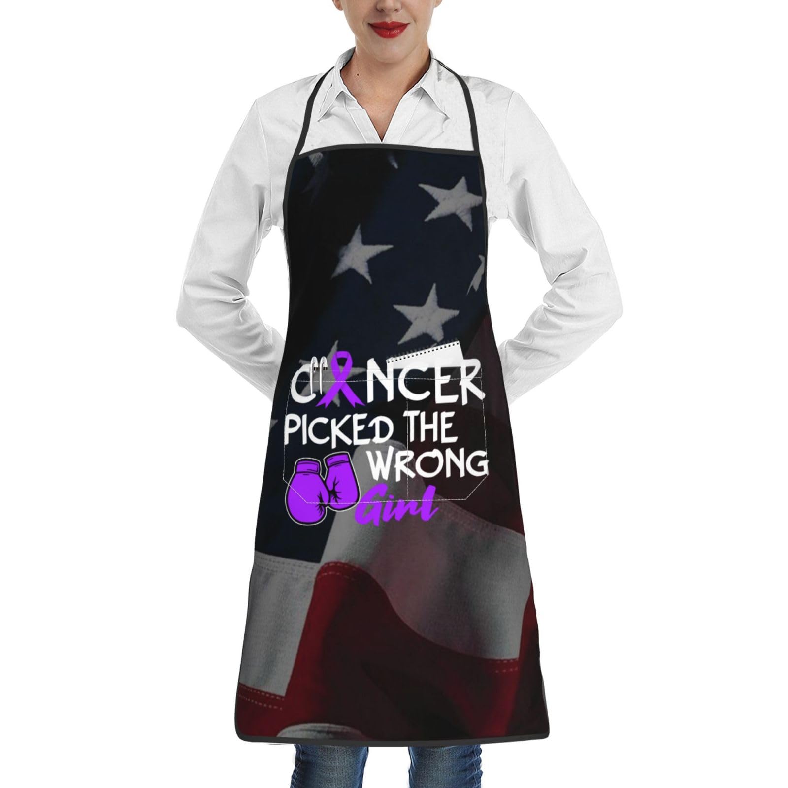 nopicsn Cancer Picked The Wrong Girl Pancreatic Cancer Apron for cooking with Pockets Women Men Kitchen Chef Funny Aprons