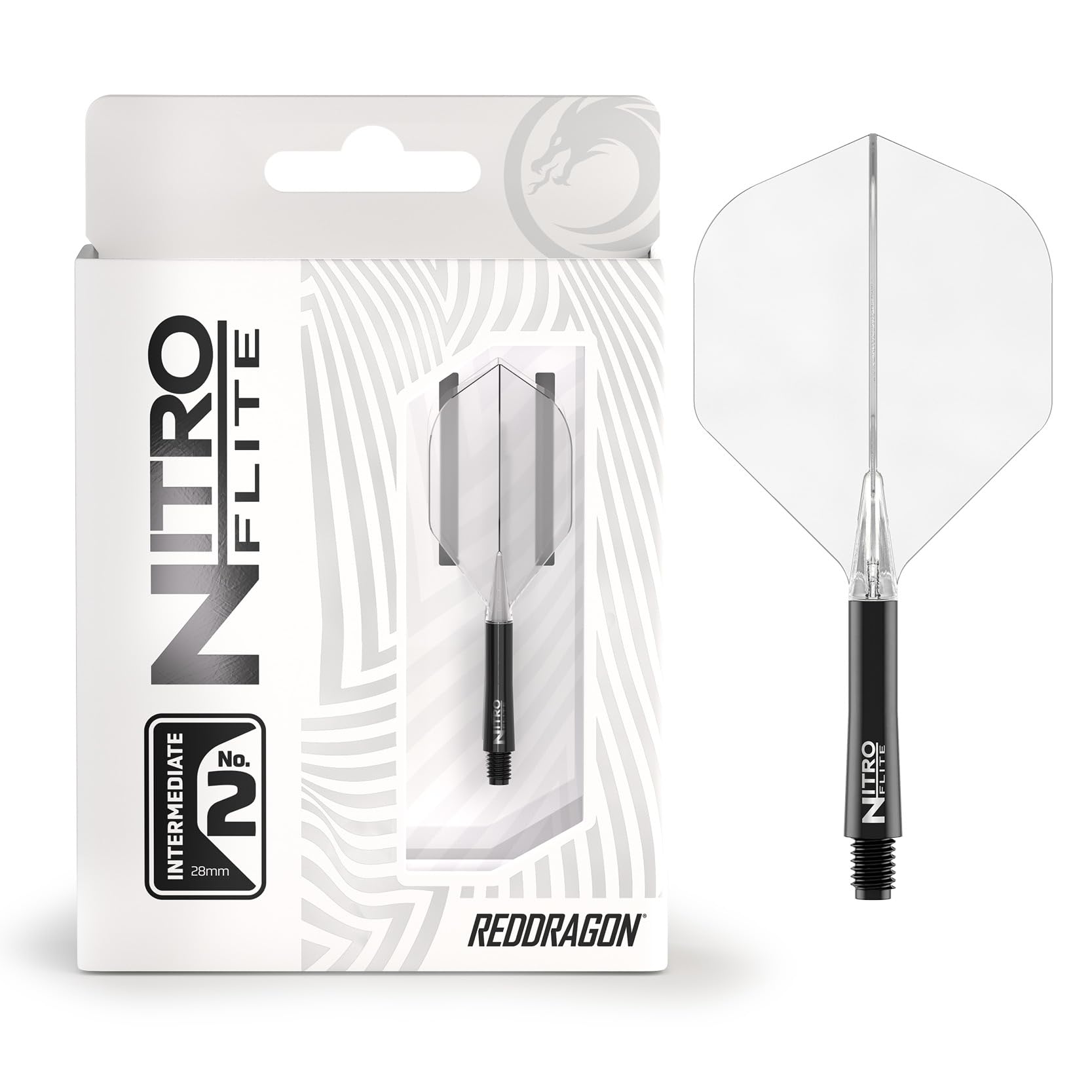 RED DRAGON Darts – Nitro Flite Integrated Flight & Shaft System – No.2 Shape and Design – Black & Clear Colour, Intermediate Length — image 1