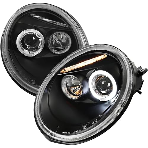 Spec-D Tuning Angeleyes Projector Headlights Black Compatible with 1998-2005 Volkswagen Beetle With Factory Halogen Headlight, Left + Right Pair Headlamps Assembly