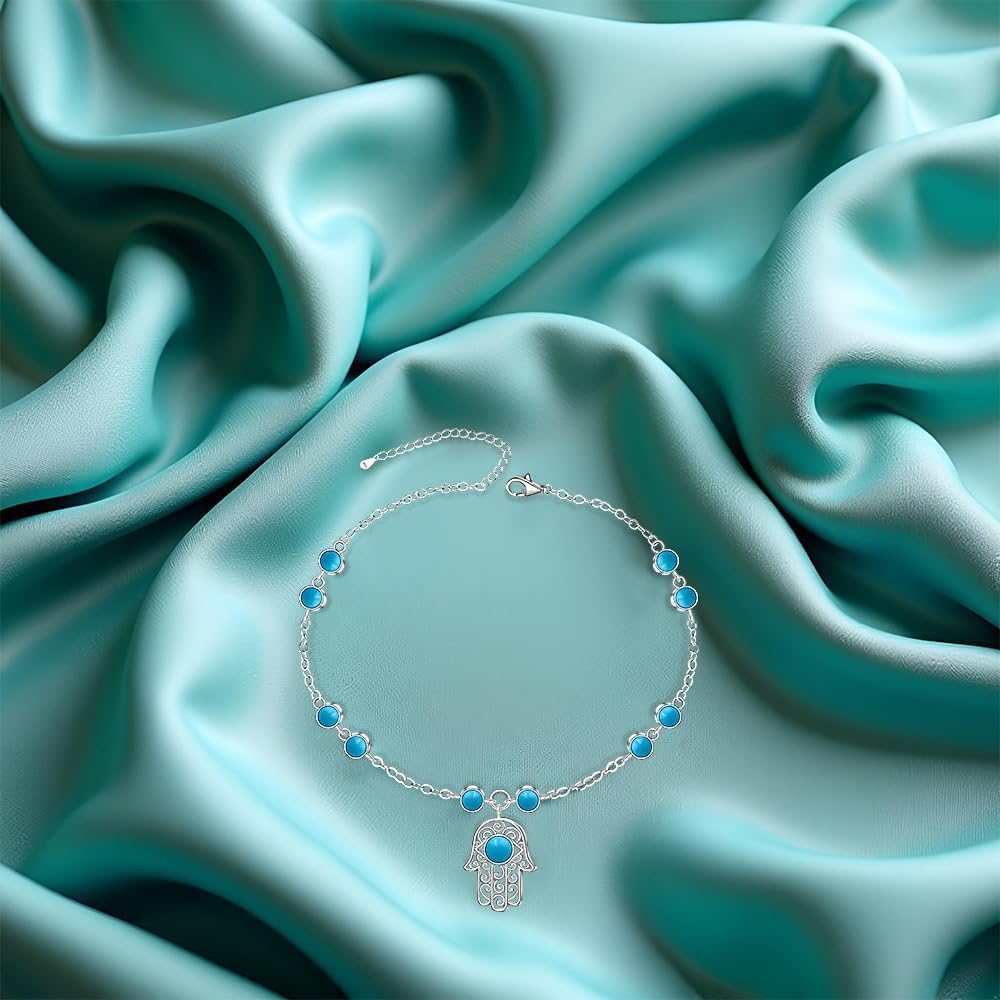 Anklets for Women S925 Sterling Silver Hand of Fatima Charm Dainty Evil Eye Hamsa Hand Anklet Adjustable Turquoise Jewelry Mothers Day Gifts for Mom - Image 7