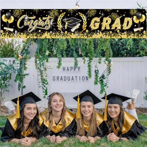 Image of Graduation Decorations, Graduation Banner 2026, Black and Gold Banner, Large Class of 2026 Party Decoration Congrat Grad Backdrop Yard Sign for Senior Commencement Indoor Outdoor Wall Yard 300 * 50cm