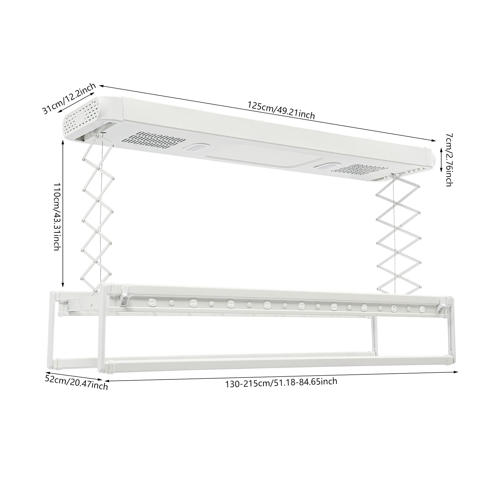 Séchoir à linge électrique de plafond avec télécommande - Lumière LED - 130-215 cm - Télescopique - Charge maximale : 35 kg - Avec ventilateur - Barre télescopique stérilisable - 220 V