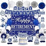 Retirement Party Decorations for Men Women Blue Silver Happy Retirement Banner Backdrop Balloons Paper Pompoms Honeycomb Centerpiece Cake Topper Hanging Swirl Set