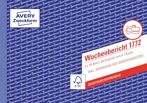 AVERY Zweckform 1772-5 Wochenbericht (A5 quer, selbstdurchschreibend, von Rechtsexperten geprüft, für DE/AT zur wöchentlichen Dokumentation der Arbeitsleistung, 2x40 Blatt) 5er-Pack, weiß/gelb, Blau