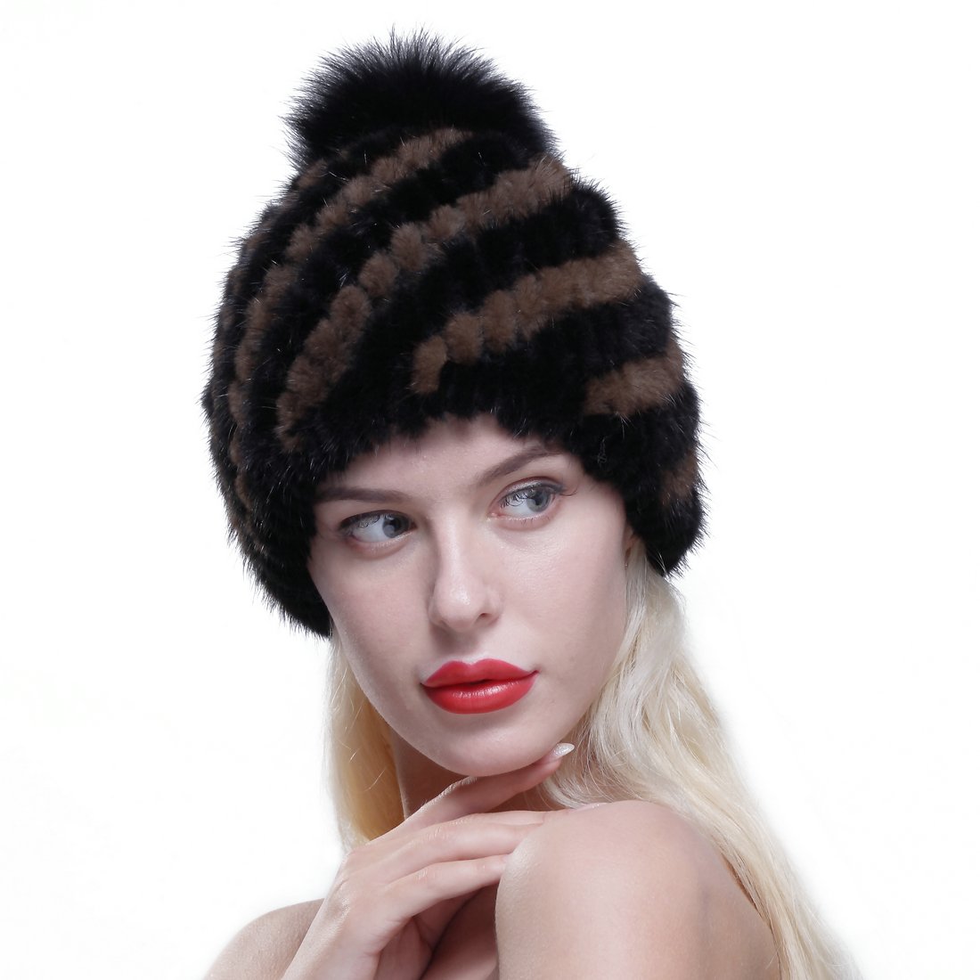 URSFURWomen Winter Hat Knit Mink Fur Beanie Cap with Fox Pom Pom Multicolor