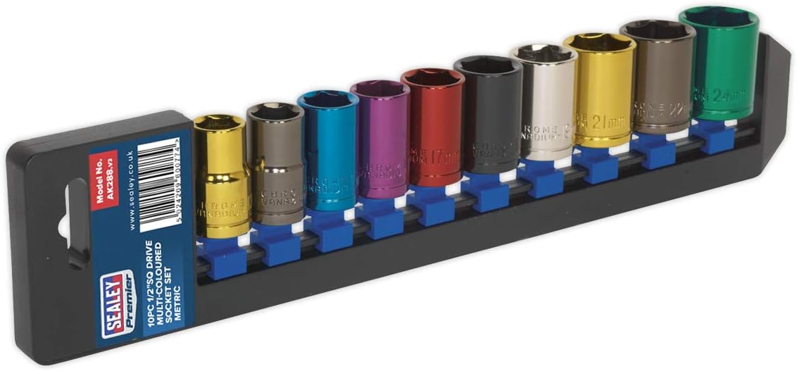 Sealey Ak288 Multi-Coloured Socket Set 10Pc 1/2Sq Drive 6Pt Walldrive Metric