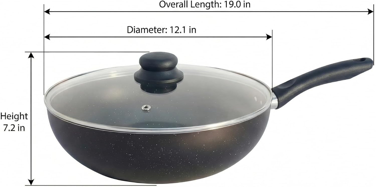 12 Inch Non-Stick Aluminum Wok Pan with Lid for Stir Fry, Induction Compatible Deep Wok for Noodles, Vegetables and Family Meals, Cookware for All Stovetops 12 Inch Non-Stick Aluminum Wok Pan with Lid for Stir Fry, Induction Compatible Deep Wok for Noodles, Vegetables and Family Meals, Cookware for All Stovetops