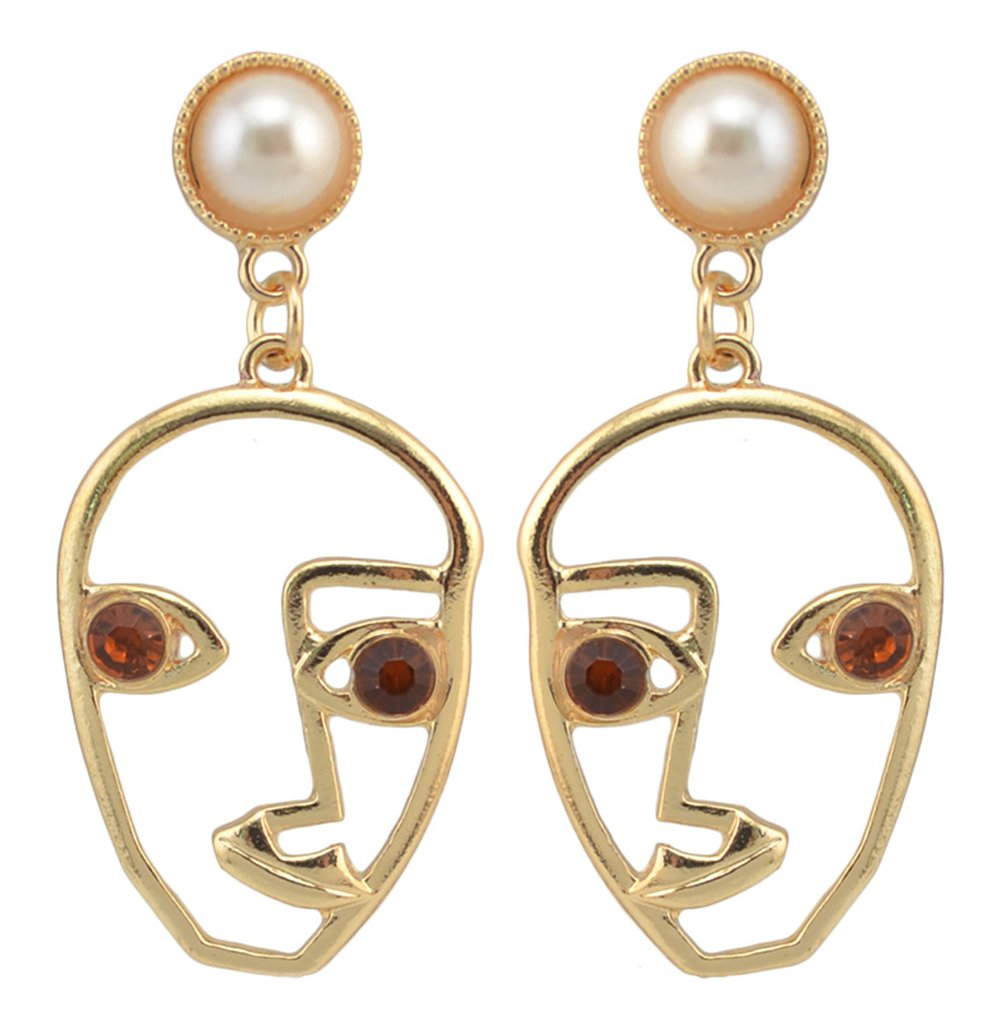 GreendouGreendou Human Face Dangle Earrings Drop Hoops Studs Cuffs Ear Wrap Pin Vine Dangling Hollow Out Charms Jewelry (Gold)