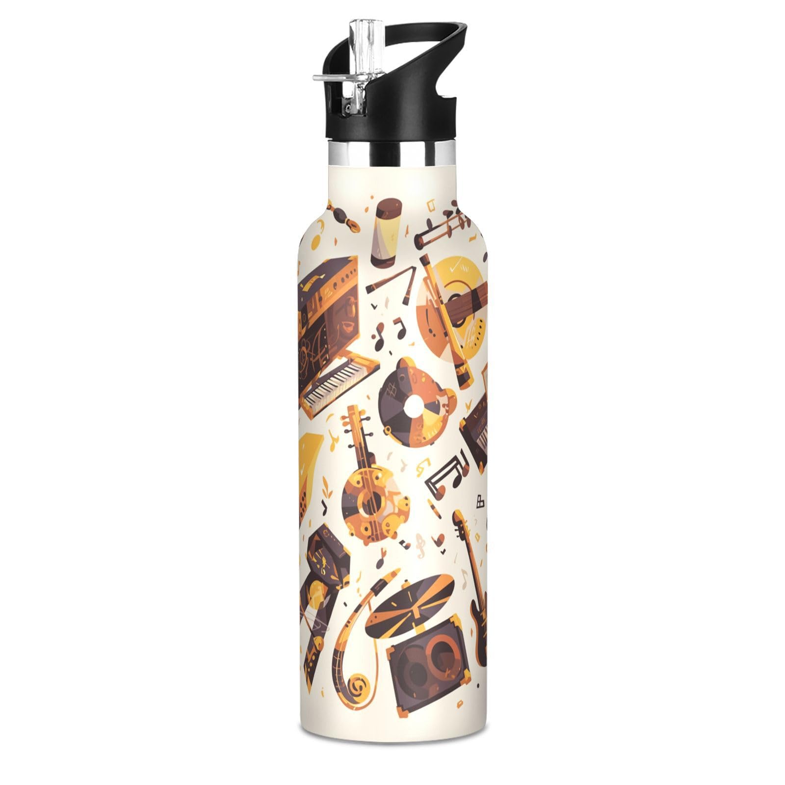 Kaaviyo Boys Pattern Vintage Musical Beige Water Bottle Stainless Steel Jug Insulated Vacuum Cup For Girls(600Ml)