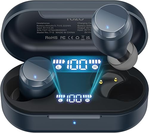 TOZO Auriculares inalámbricos T12 (edición ergonómica compacta) Auriculares Bluetooth 5.3, micrófono con cancelación de ruido ENC, aplicación de