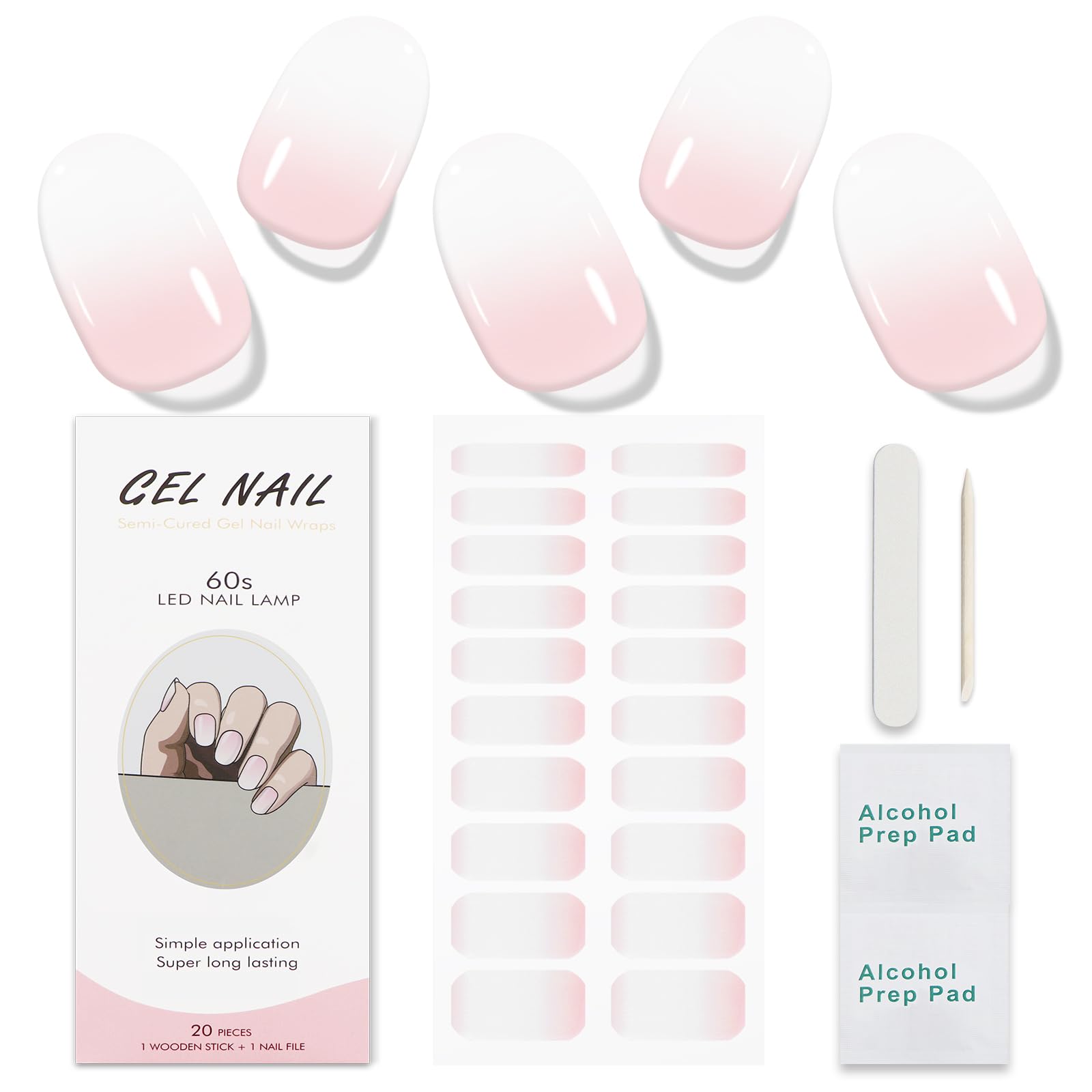 JMEOWIO Gel Nail Stickers White Cream Pink Gradient Color Semi Cured Gel Nail Strips Wraps UV/LED Supplies Nails Art Design Decoration Accessories - Image 2