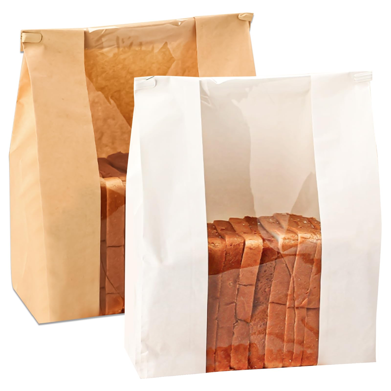 100PCS Kraft Paper Bread Bags for Homemade Bread, Large Sourdough Bread Bags with Clear Window, Loaf Bag with Tin Tie Tab Lock for Cookies, Cakes, Snacks, and Sandwiches,13.8” × 3.5” × 8.3”