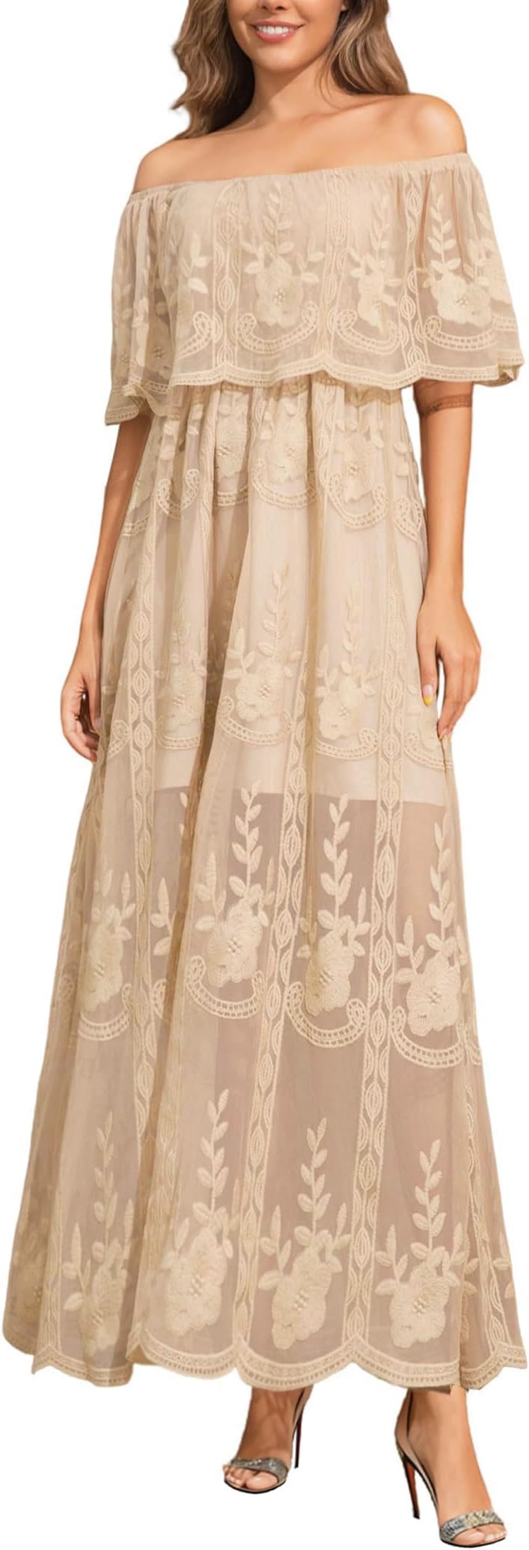 Women's Casual Off Shoulder Lace Maxi Dress Boho White Bridesmaid Wedding Evening Party Dresses