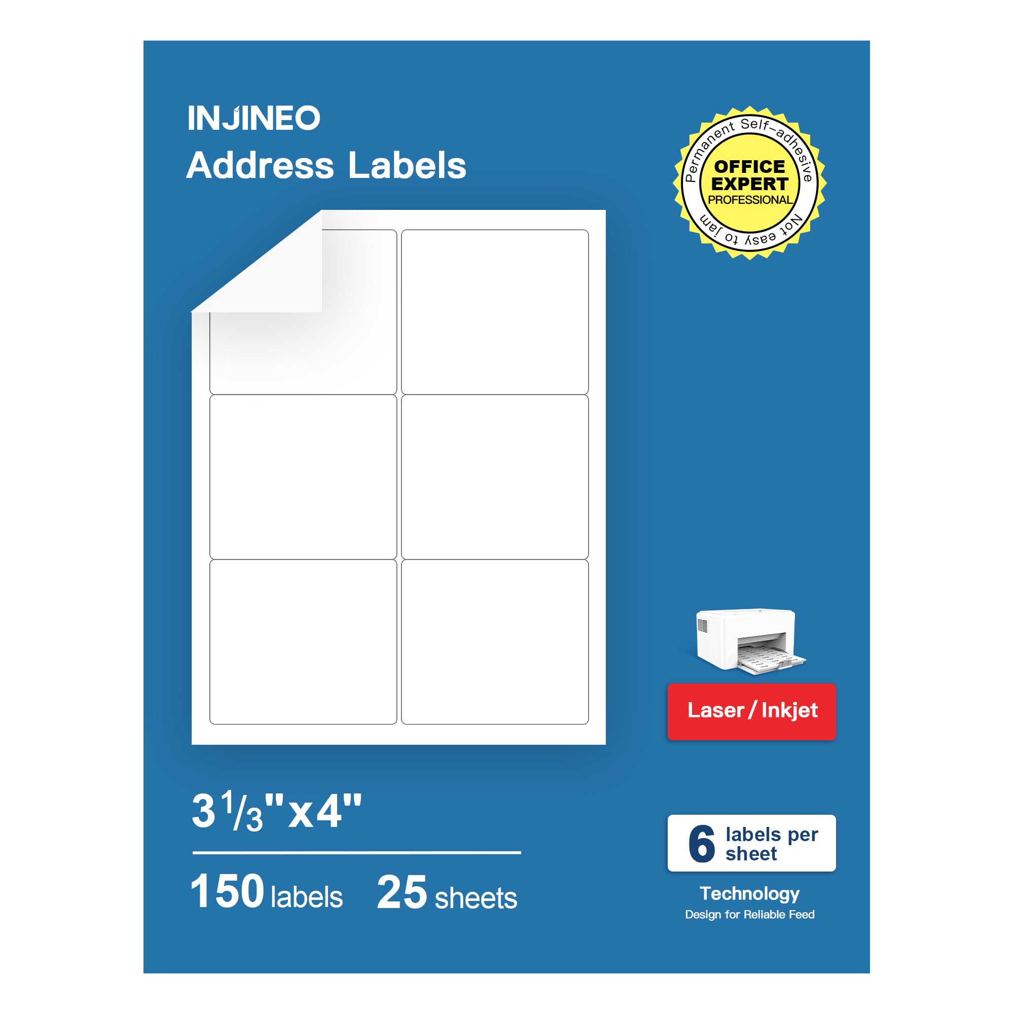 INJINEO Address Labels, 3-1/3"x4 Shipping Address Labels for Inkjet & Laser Printers, Mailing Labels Compatible with 5164, 5264 and 8164 Labels, Easy to Peel (150 Labels, 25 Sheets)