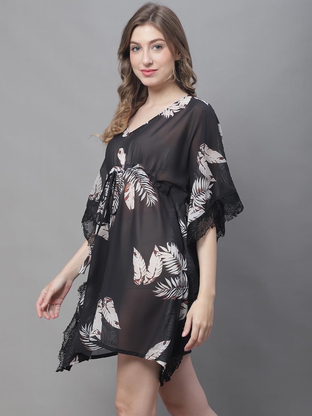 Claura Tropical Printed V-Neck Swimwear Cover up Dress (Black) 4