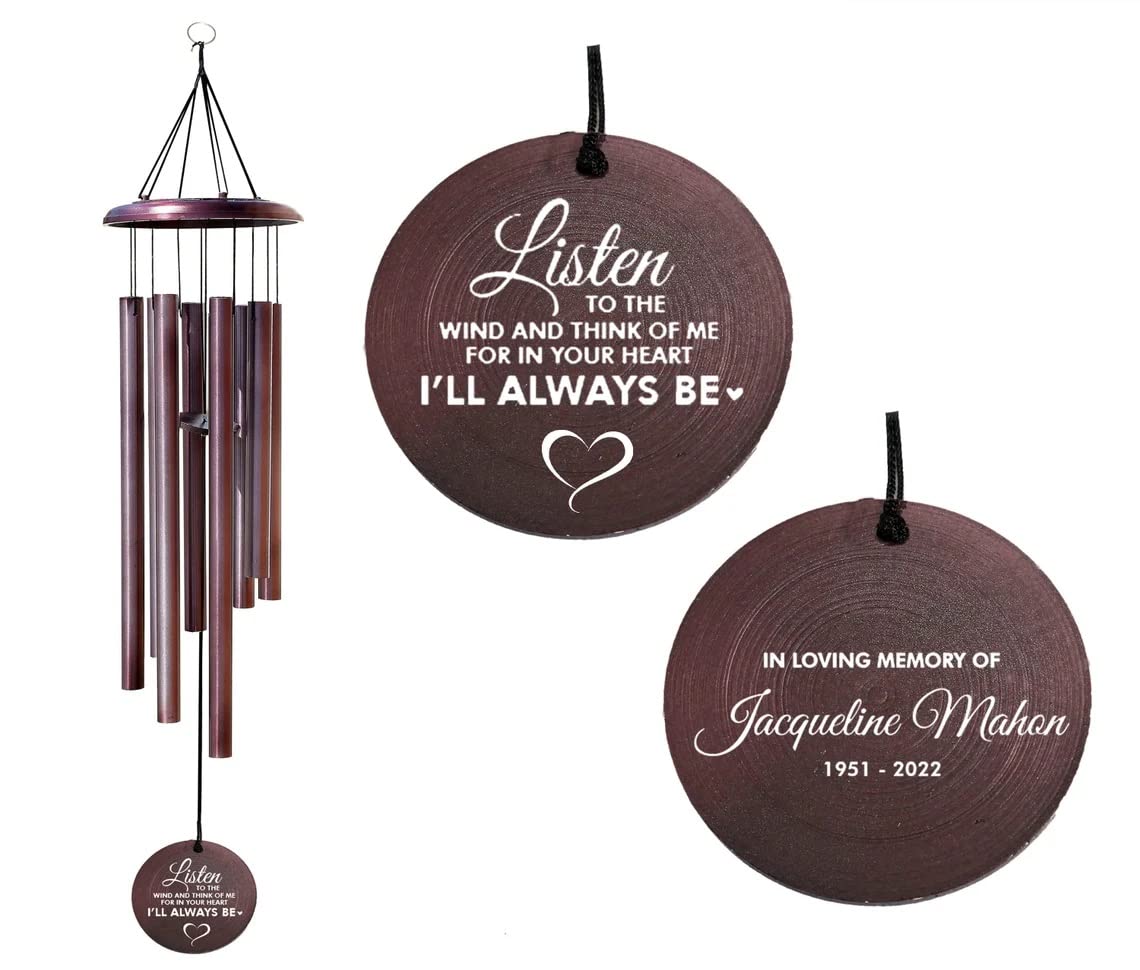 PORTHO Custom Memorial Wind Chime, Listen to The Wind, Gift for Sympathy, Remembrance, Memorial, Bereavement, Personalized Memorial Wind Chime, Brown Colour Windchime