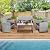 KROFEM 4 Pieces Rattan Patio Furniture Set,Outside Sectional Conversation Cushioned Sofa Set, Wicker Sofa Ideal for Garden, Porch, Backyard, Grey Rattan with Navy Blue Cushion
