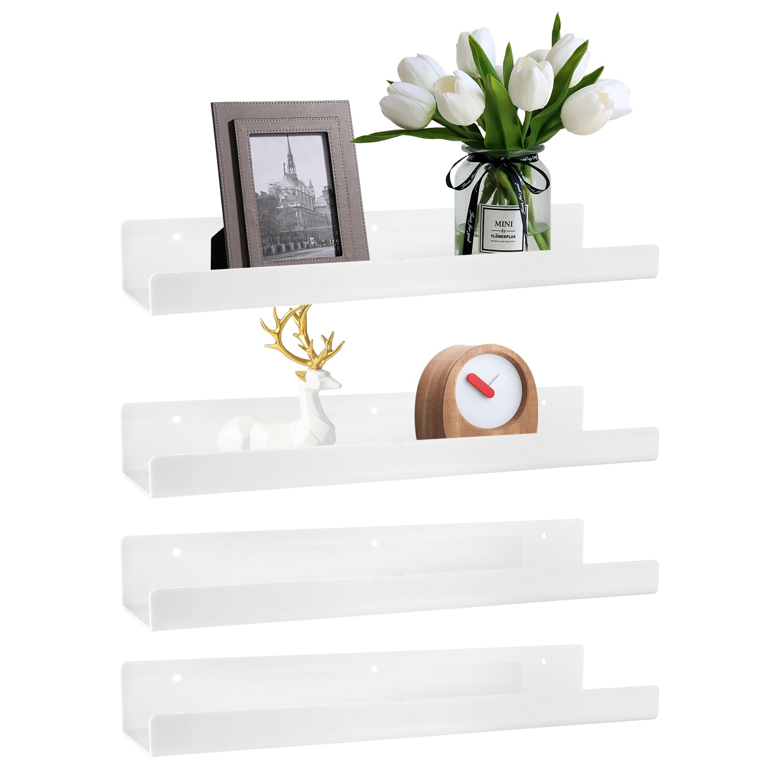 LDHHYH Juego de 4 estanterías de pared sin taladrar, estantería de pared acrílico, 38 cm, sin agujeros, estantería flotante de acrílico, color blanco, para cocina, baño, oficina, salón