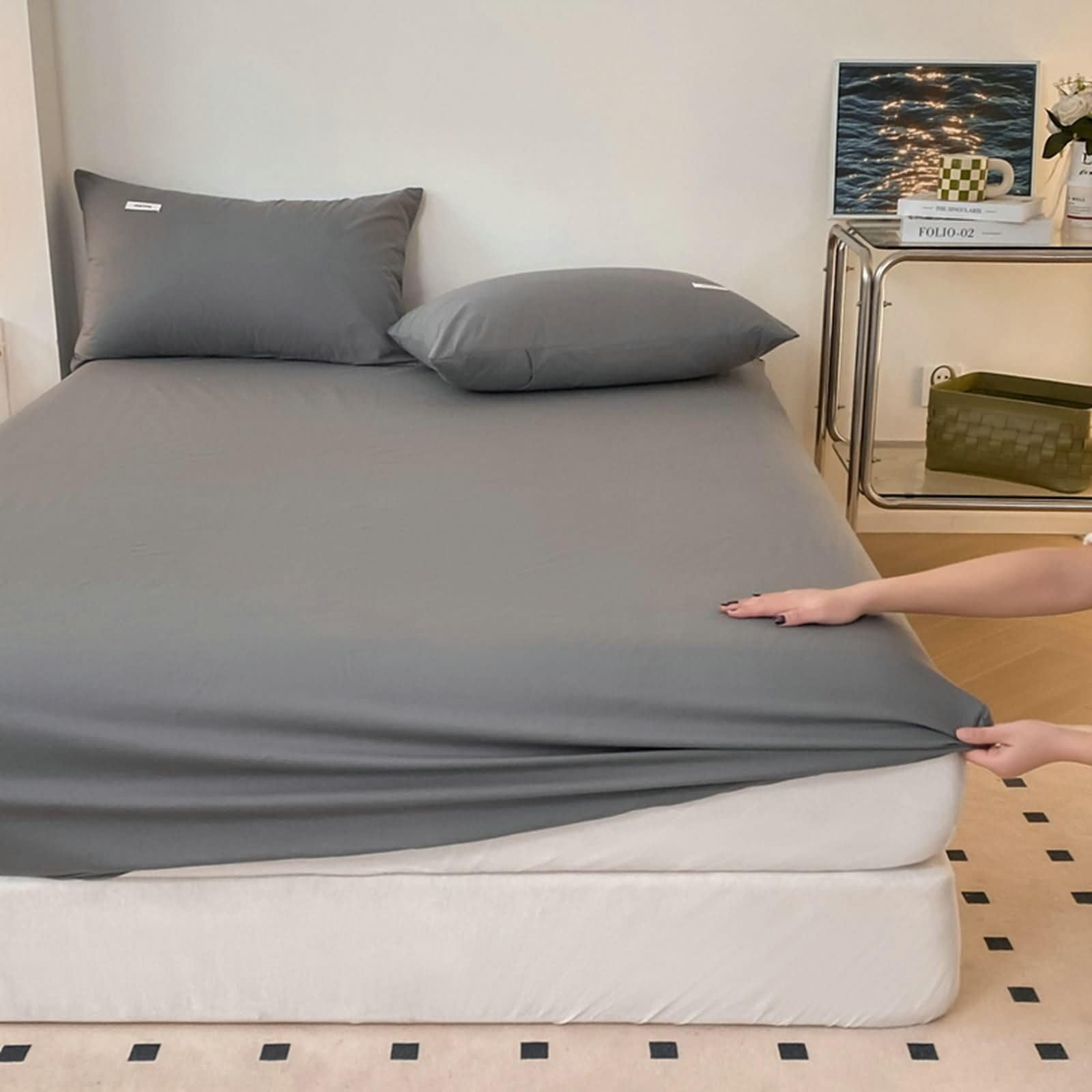Spannbetttuch Baumwolle Doppelbett, Einfarbig, 150 x 200 cm, Spannbettlaken Grau
