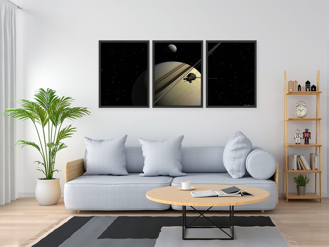 VERRE ART Printed Framed Canvas Painting for Home Decor Office Wall Studio Wall Living Room Decoration (46x27inch (Split in 3 Part) Black Floater) - Cassini Passing Tethys