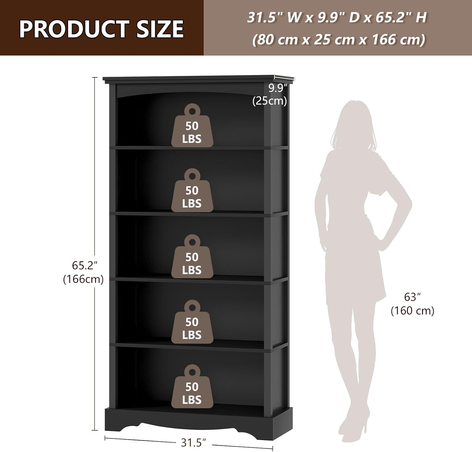 TVU 5-Tier Wooden Bookshelf, 31.5" W x 65" H ×9.9" D Bookshelf with Storage, Floor Standing Modern Style Display Bookcase for Living Room, Office, Study Room, Entryway, Black thumbnail