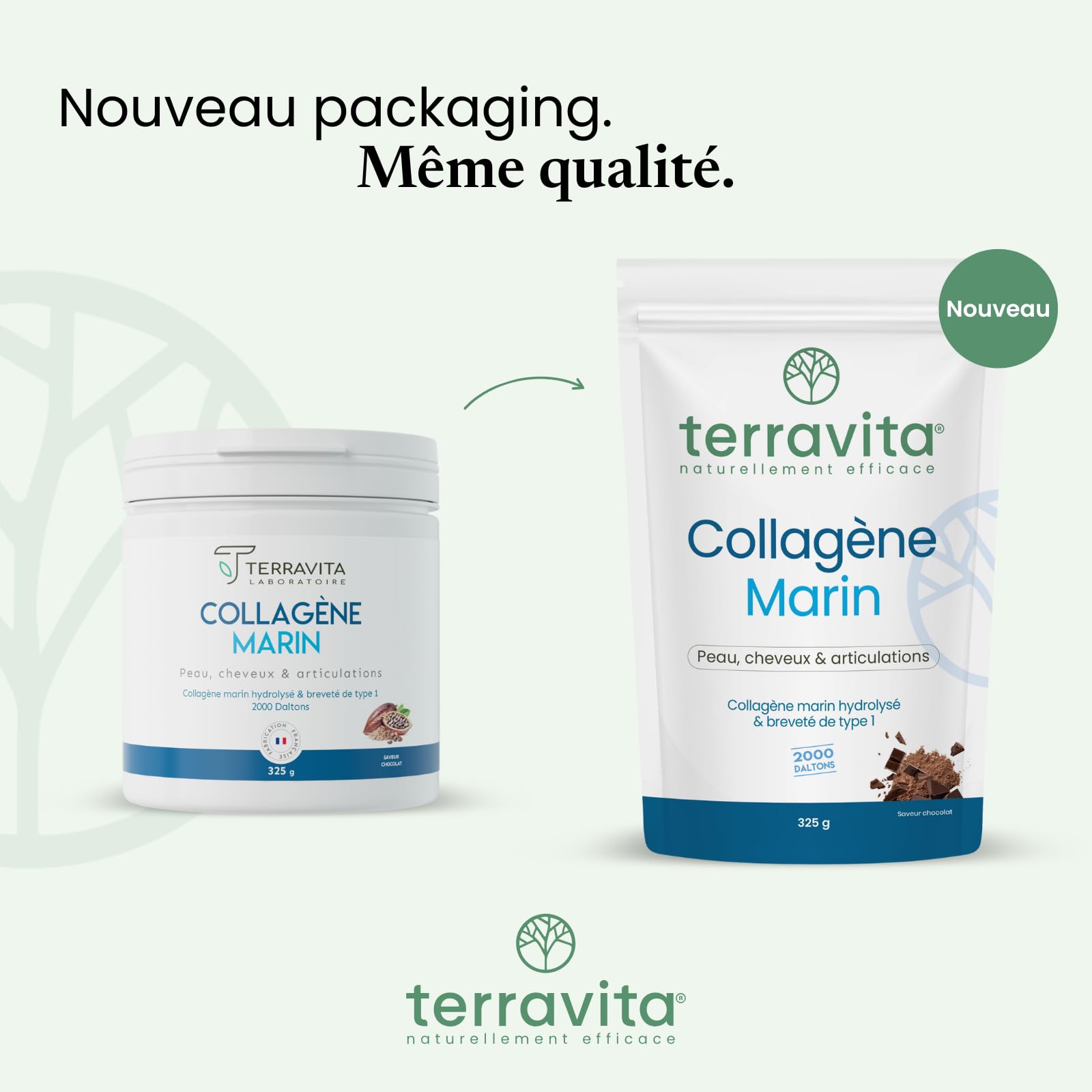 COLLAGÈNE MARIN Breveté en Poudre | 325 Grammes de Peptides de Collagène Purs de Type 1 | Articulations Souples, Peau Lisse et Hydratée | Goût Chocolat | Filière 100% Française | Terravita