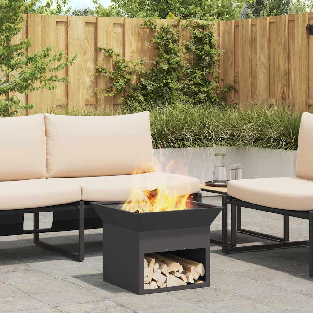 Feuerstelle Schwarz aus Stahl 50 x 50 x 40 cm für Terrasse und Garten, Outdoor Feuerstelle, Kamin Ofen, Schornstein, Heizkassette für Wärme und Deko im Außenbereich