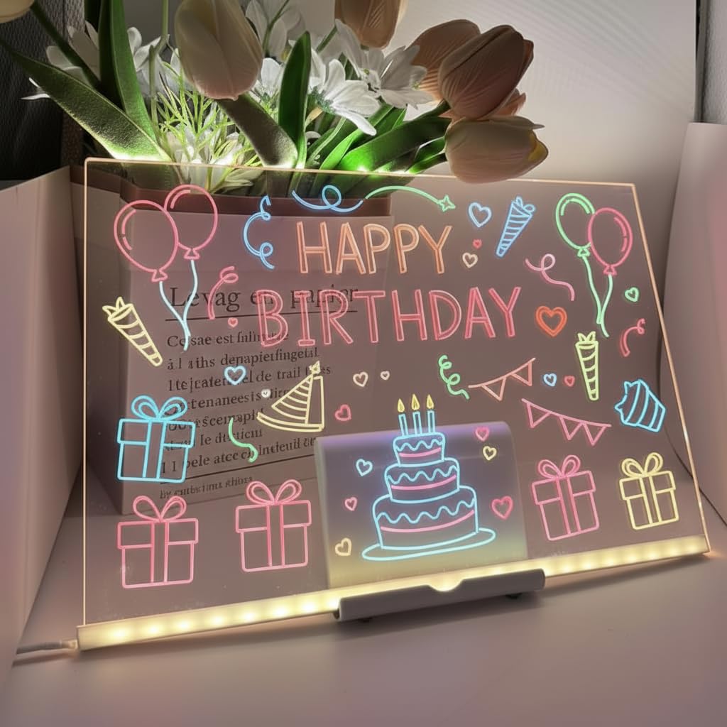 NYRWANA DIY 3D Acrylic Writing Board with Pen & Light | 30x20 cm | LED Writing Pad, LED Message Board, Table Lamp, Home & Office Decor Items, Valentine Gift for Girlfriend, Personalized Gift