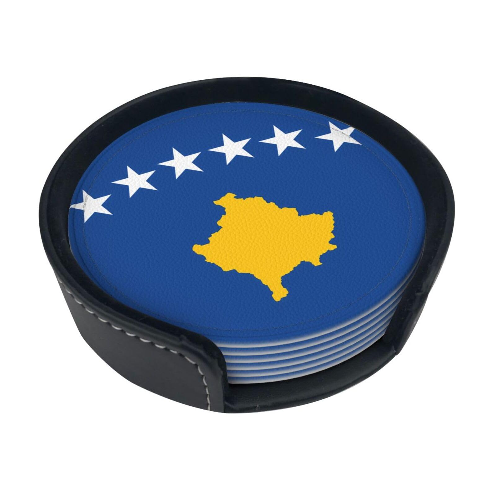 Cntdbu White Flag Of Kosovo Leather Coasters Set Of 6-Pu Leather Drink Mats For Table, Heat Resistant Round Coasters With Holder