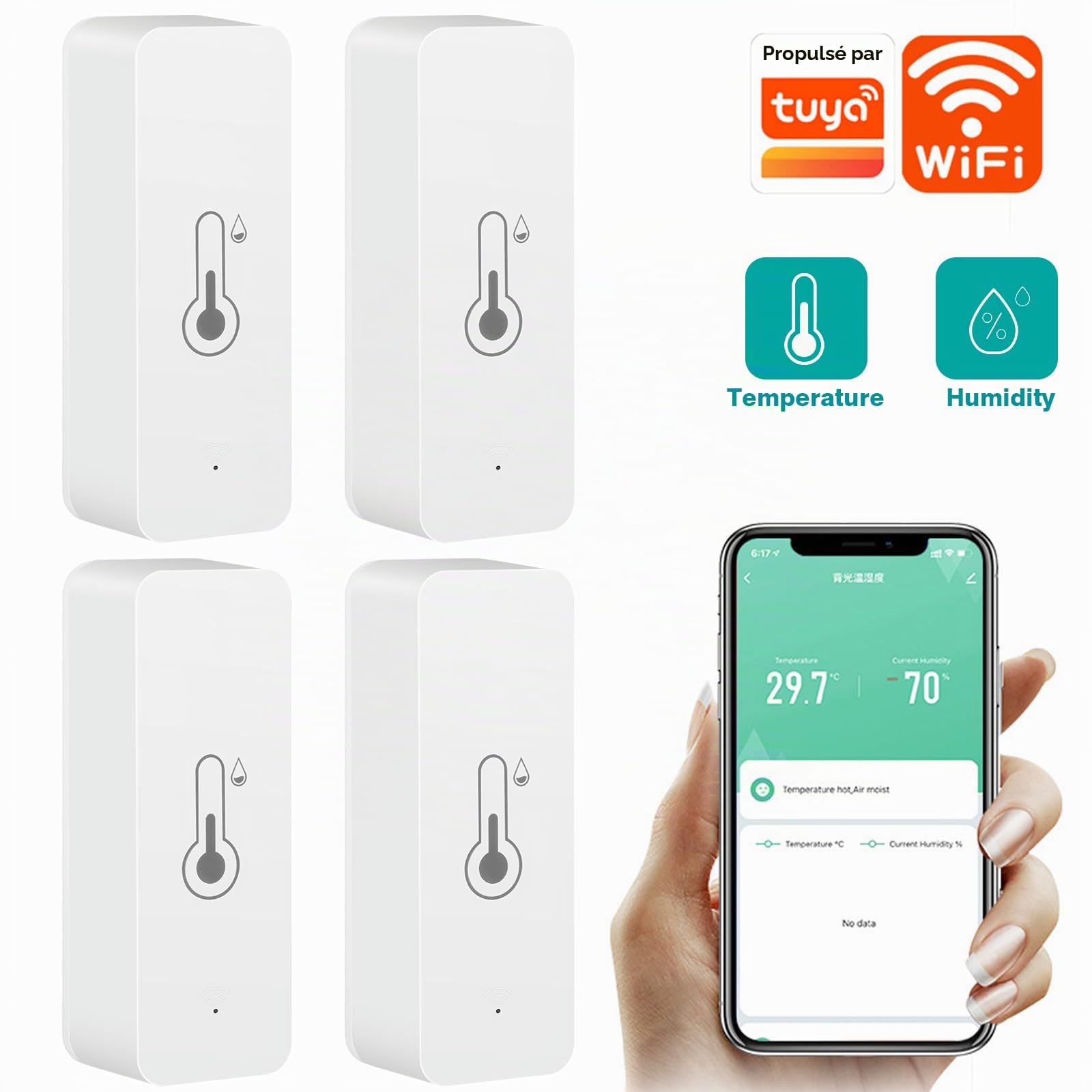 4PCS Thermomètre Connecté Thermometre Wifi Tuya Smart Thermometer Wifi Capteur TempéRature with APP Indoor Thermometer Hygrometer Support Alexa