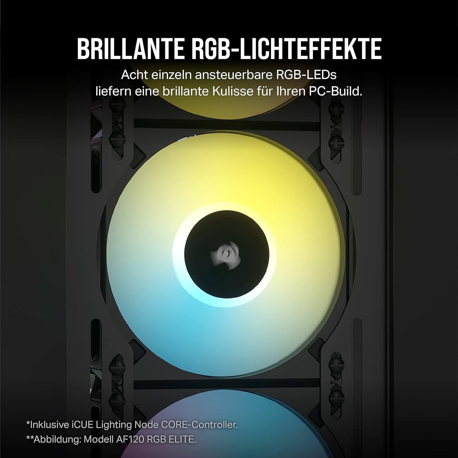 Corsair iCUE AF140 RGB ELITE 140mm PWM Doppelter Lüftersatz - Acht RGB-LEDs Pro Lüfter - AirGuide-Technologie - Fluiddynamisches Lager - Inklusive iCUE Lighting Node CORE Controller - Schwarz