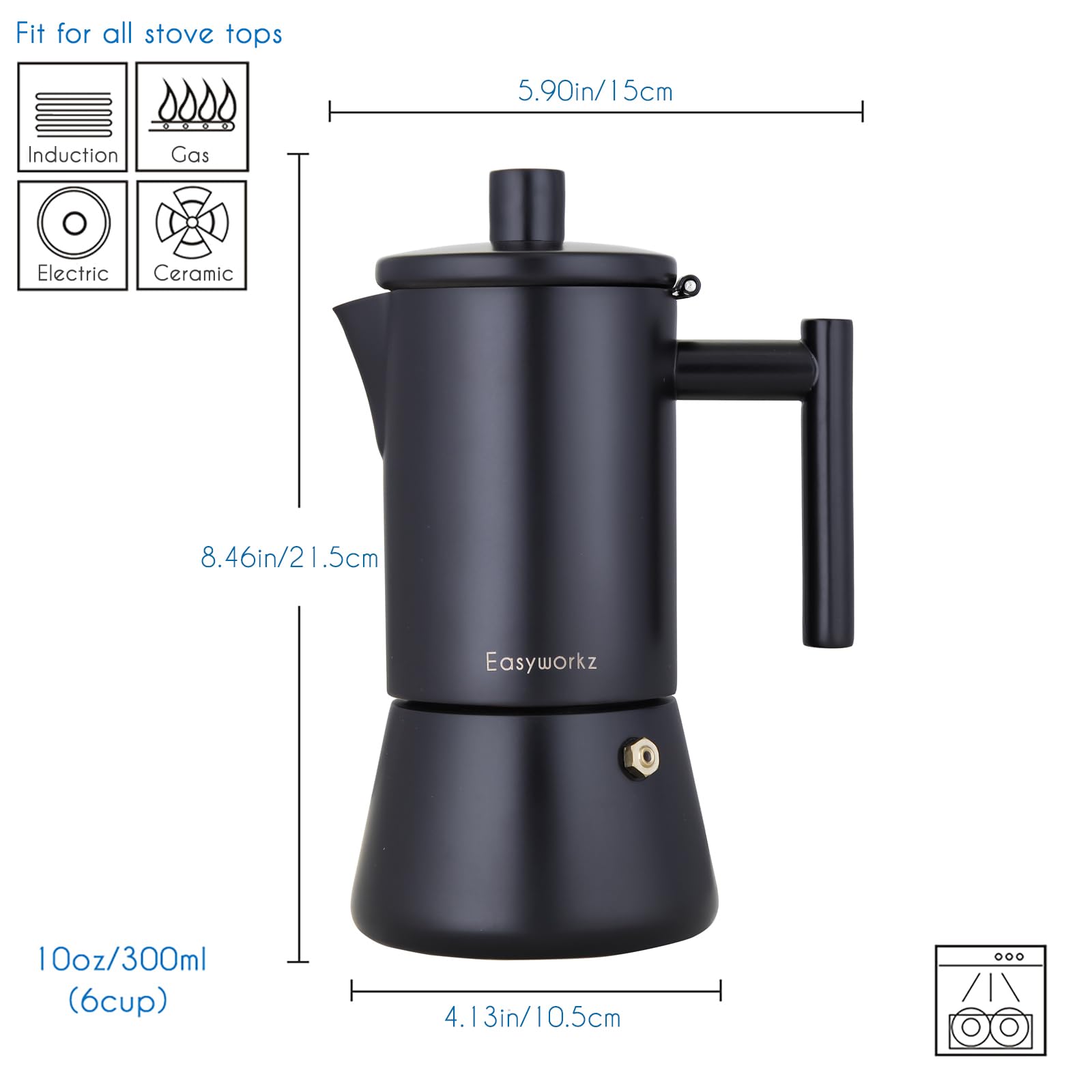 Easyworkz Diego Stovetop Espresso Maker Stal nierdzewna Włoski ekspres do kawy 6Cup 300ml Moka Pot Induction Espresso Pot - Matowa czerń