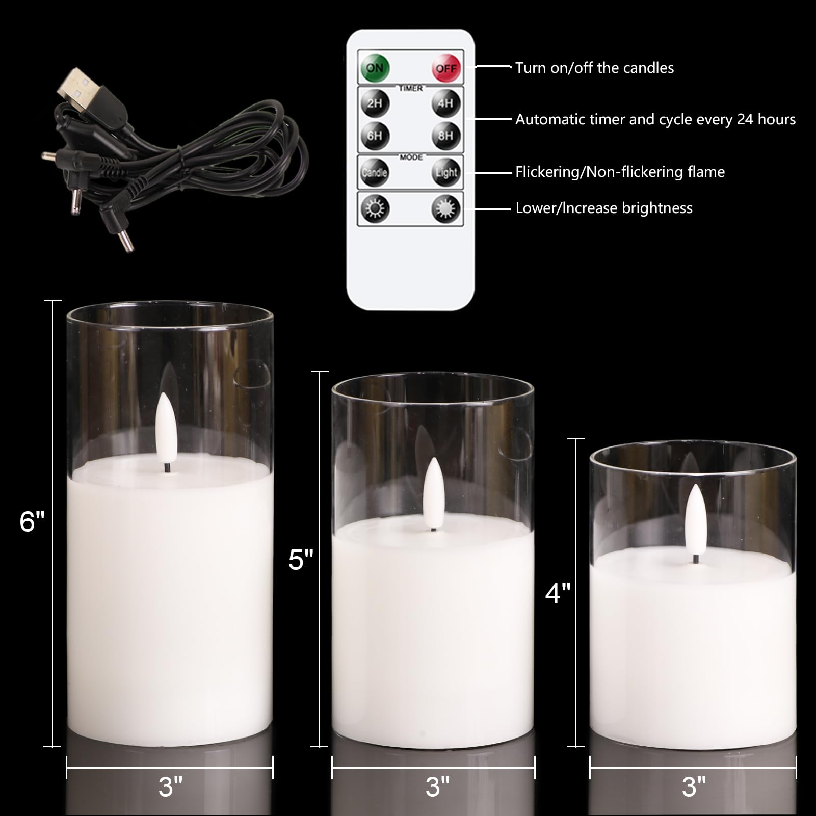 GenSwin Candele ricaricabili senza fiamma con timer remoto, candele a LED trasparenti a batteria con fiamma tremolante, vetro e vera cera, decorazione per la casa e le vacanze (set da 3, diametro 7,6