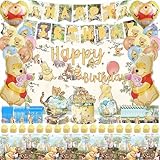 Winnie Baby Shower Decorations, Cute Winnie Birthday Decorations Classic Winnie Party Supplies, Banner Cake Topper Hanging Swirls Balloons Backdrop Tableware Tablecloth, for Vintage Winnie Theme Party