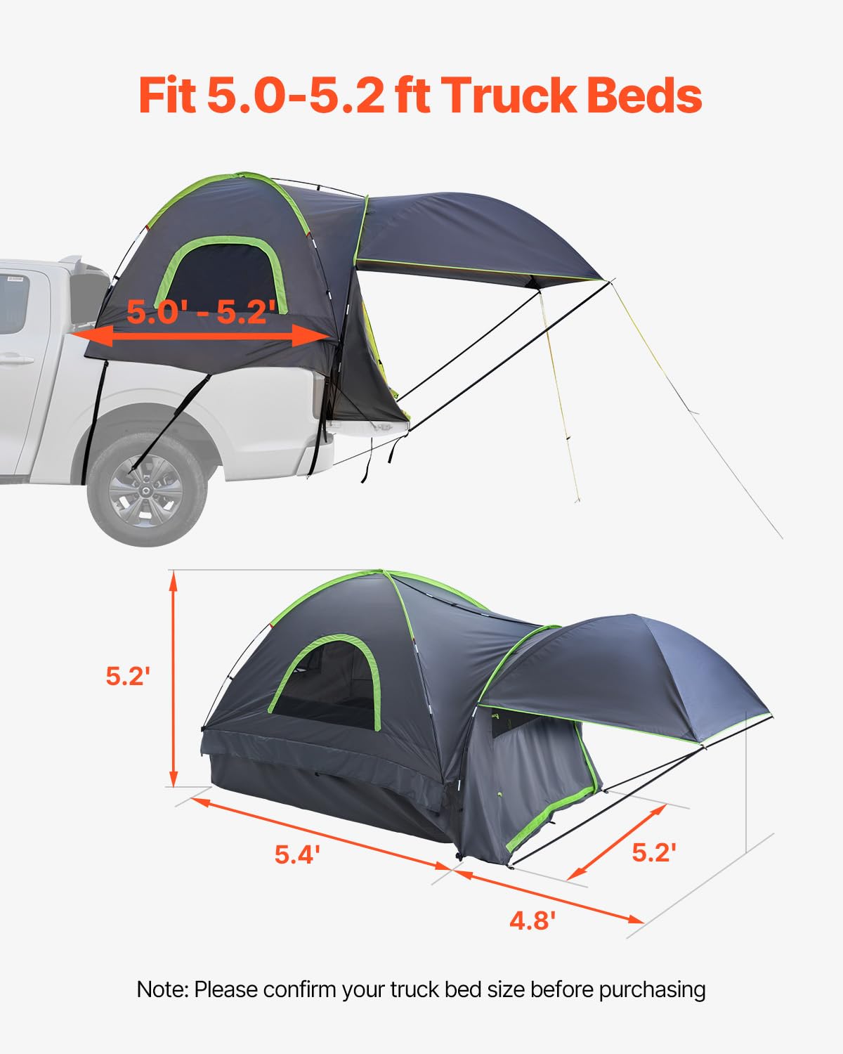 VEVOR Tienda de Campaña para Camioneta, Apta para Tiendas de Campaña para Camionetas de 1,5 a 1,6 m para Acampar, Impermeable PU2000 mm, 2 o 3 Personas, Bolsa de Almacenamiento, 2150 x 1600 x 1600 mm