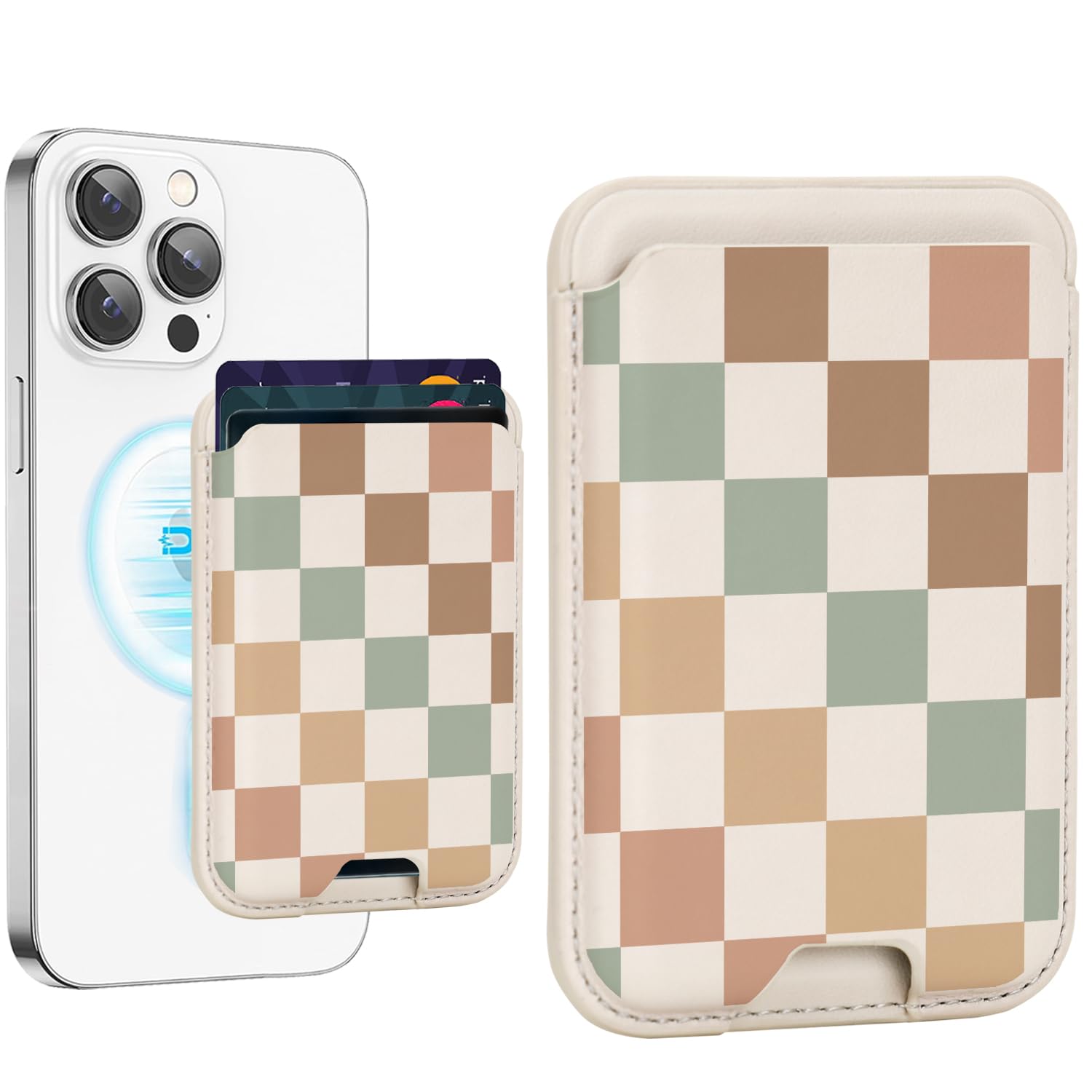 uCOLOR Upgraded Magnetic Cell Phone Wallet Card Holder-Compatible with MagSafe for iPhone 16/15/14/13/12 Series, Leather Magnetic Phone Wallet for Back of Phone (Pastel Check Vibes)-image-18