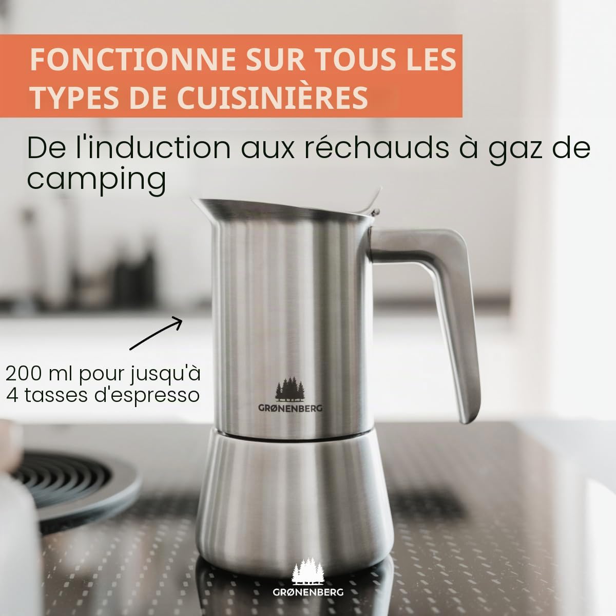 Groenenberg Promo Pack 4 | Cafetiere italienne (acier inox) 4 tasses (200ml) + Moulin à café manuel | Moka induction + filtre réducteur