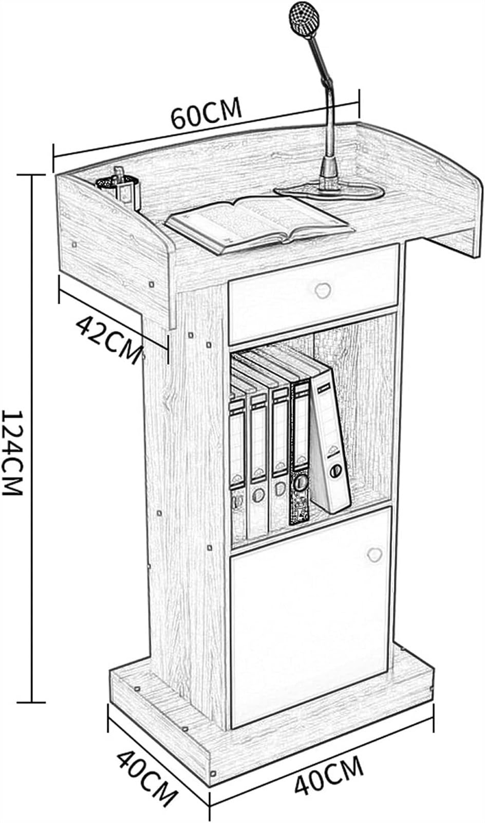 Rednerpult aus Holz, professionell, bodenstehend, Rednerpult mit breiter Arbeitsfläche, für Schule, Büro, Kirche, Kanzel, C-60 x 42 x 124 cm, stabiles und stilvolles Design