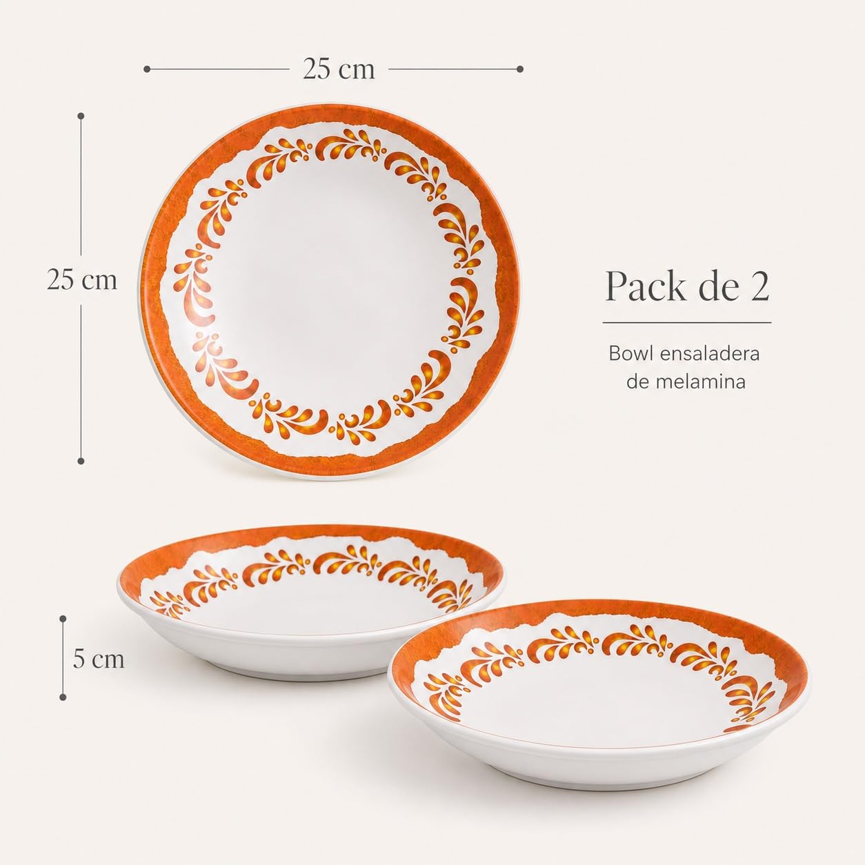 Bowl ensaladera de melamina pack de 2, cuencos ligeros 25 x 25 x 5 cm para ensaladas, aperitivos y mesa diaria
