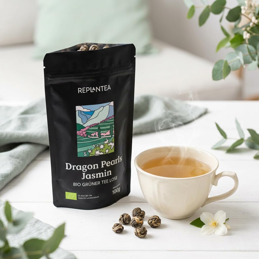 Bio Jasmin Dragon Pearls Tee (100g) | Premium Grüner Tee lose als von Hand gerollte Jasminperlen | Zart-blumige Teespezialität | REPLANTEA (Packung mit 2)