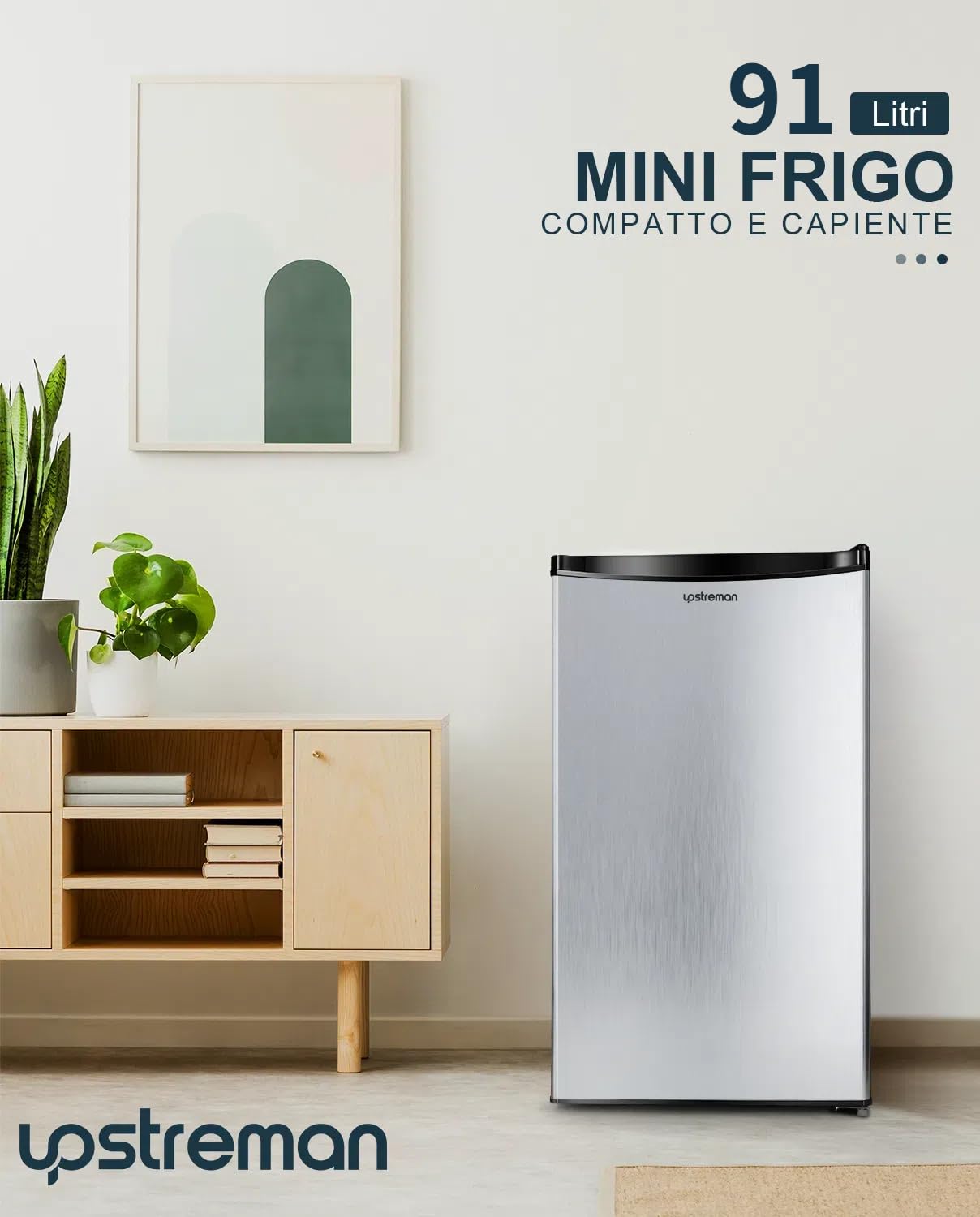 Upstreman Frigorifero Piccolo 91L, Frigorifero Monoporta con Fresh Zone, Controllo della Temperatura, Silenzioso, Scomparto per Verdure, Frigo Piccolo da Ufficio,Camera, Acciacio Inox -BR321