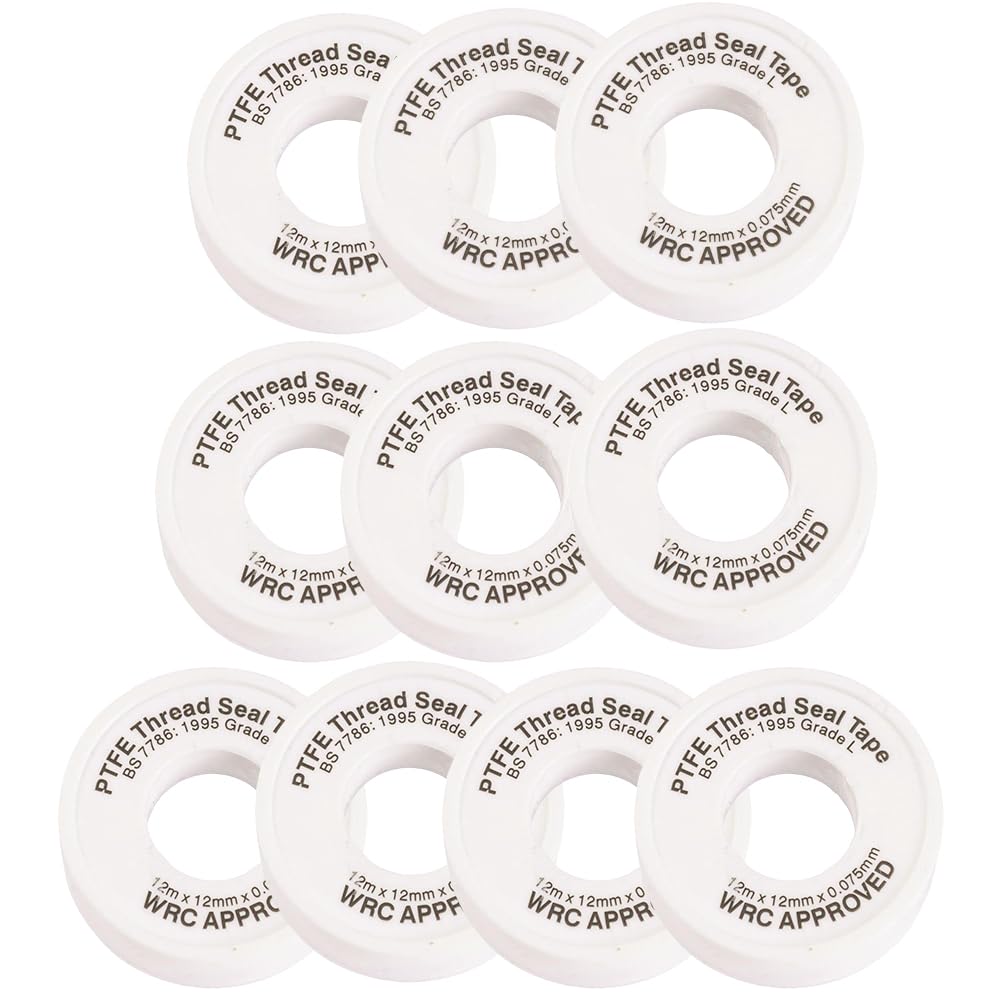 10 x PTFE Thread Seal Tape 12mm x 0.075mm x 12m WRAS Approved Plumbing Tape for Water and Gas Pipe Threads Leak Sealing Plumbers Tape for Bathroom Kitchen Heating Systems Home Repairs and Services