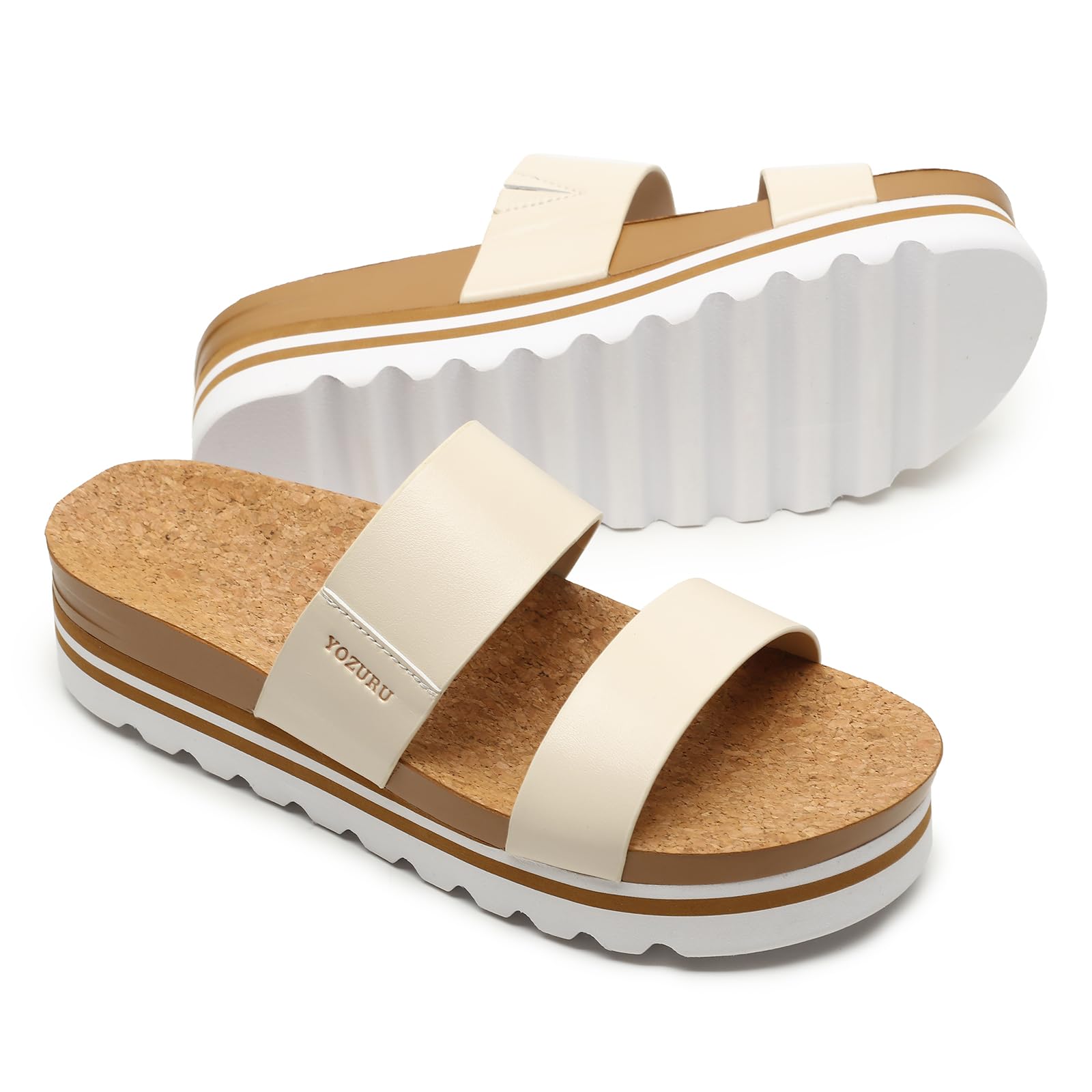 Yozuru Womens Platform Sandals with Arch Support Slip on Slides Comfortable Summer Beach Sandals Cork Footbed Cushion Wedge Sandals for Women
