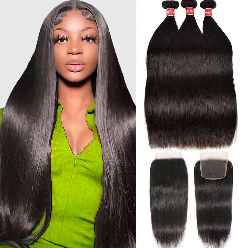 12A Brazilian Straight Human Hair Bundles with Closure Straight Bundles with 4x4 Lace Closure Free Part Remy Human Hair Weave 3 Bundles with Closure