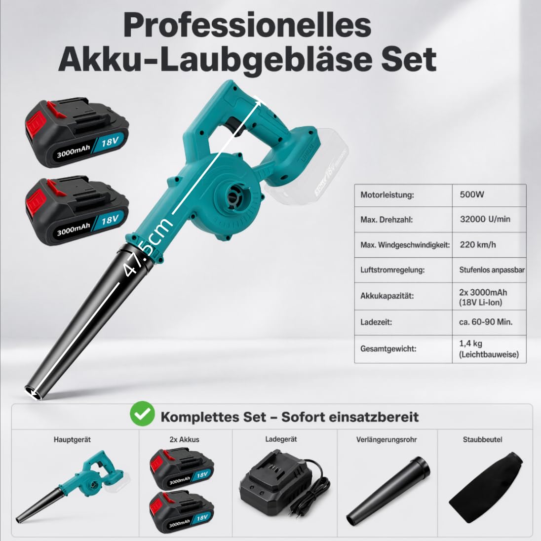 Akku Laubbläser 500W mit 2X 3000mAh Akku und Ladegerät, 210 km/h 3-in-1 Laubbläser & Laubsauger, 32000 U/min Stufenlose Geschwindigkeit, Kompatibel mit Makita-Akku, für Garten Hof Terrasse Auto