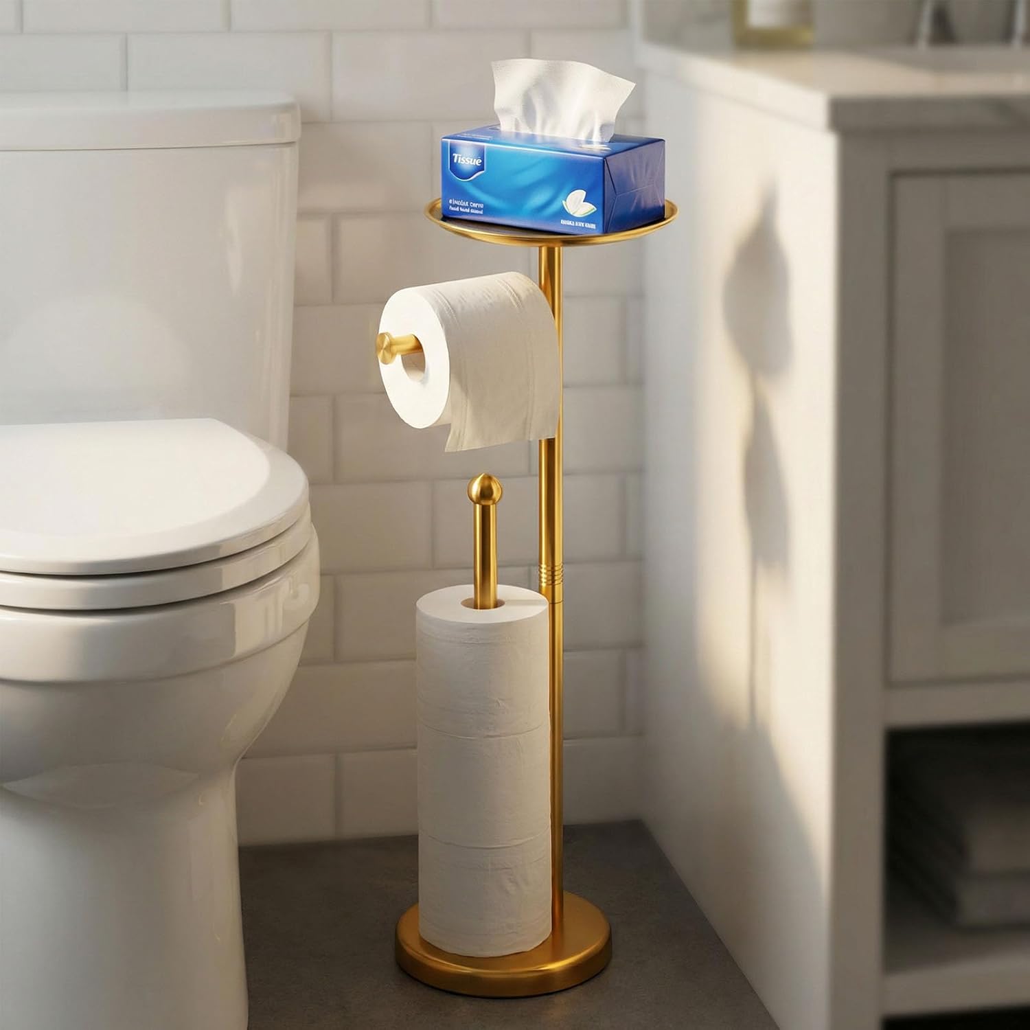 Standing Toilet Paper Holder Gold, TP Holder with 6.7" Phone Shelf, Holds 5 Rolls, Stainless Steel (Gold)