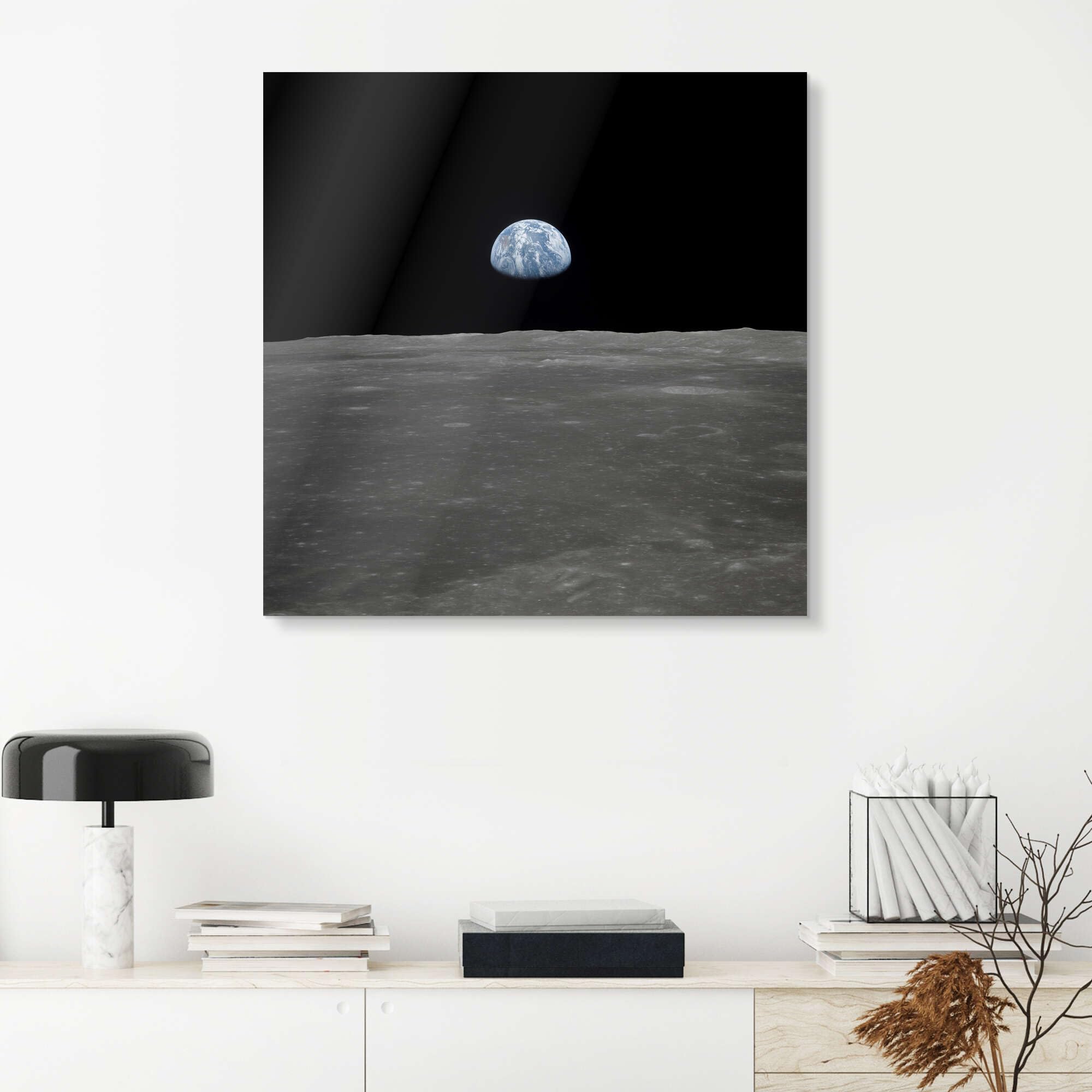 Apollo 11 Aufgang der Erde über dem Mond, Juli 1969 Acrylglasbild | 60 x 60 cm von NASA Schwarz Wandbilder Wanddeko