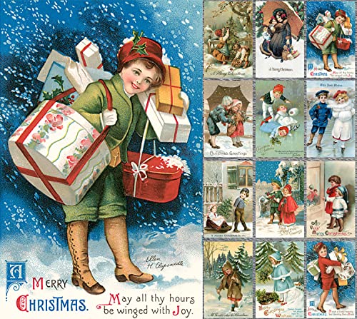 Image of PIXILUV CHRISTMAS FUN (Pack of 12) Notecards Small Greeting Cards # Children Delivering Presents and Christmas Cheer ~ Vintage Christmas Postcards Reprint