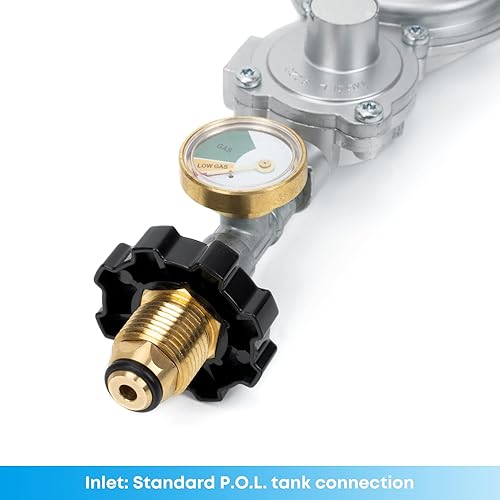 Miniatura 5 de Stanbroil Regulador horizontal de propano de dos etapas con manómetro, conexión estándar de 3/8 hembra NPT y tanque de P.O.L, ideal para parrilla de