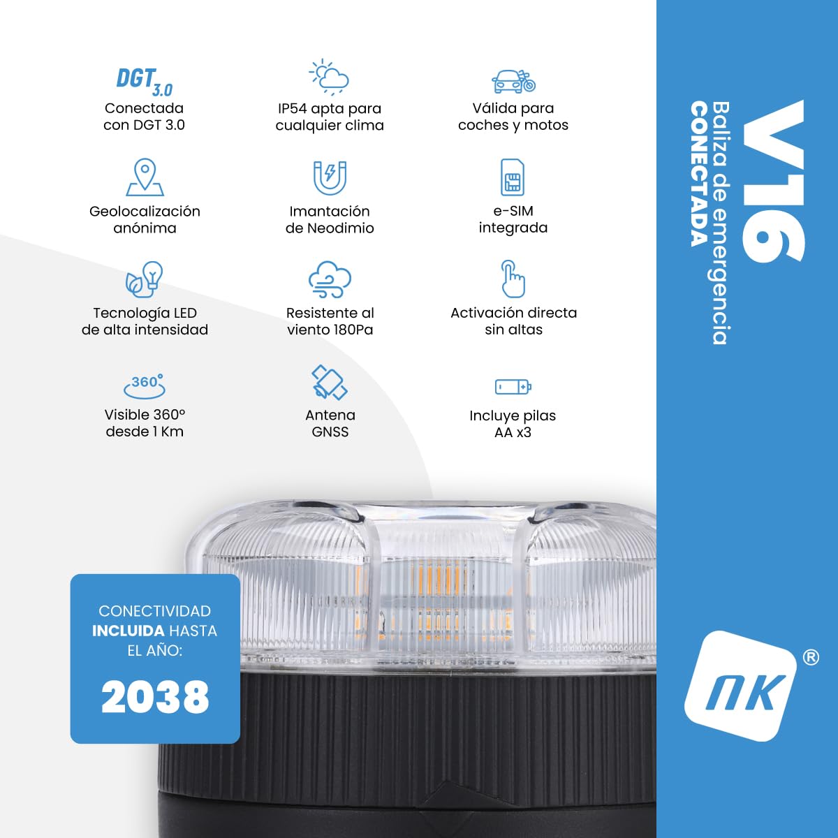 NK Baliza de Emergencia V16 con Geolocalización y Conexión DGT 3.0 – Uso Obligatorio desde Enero 2026, Señal LED Homologada para Coche, Alcance 1km, Resistente al Agua, Datos Incluidos hasta 2038